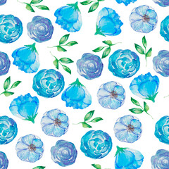 Watercolor hand drawn simple flowers, flourish pattern, different wildflowers, isolated background, botanical backdrop, light blue flowers, green leaves