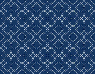 Japanese Sashiko seamless pattern. Indigo background. white thin line on blue wallpaper. Vector