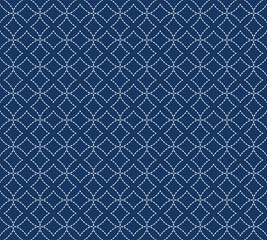 Japanese Sashiko seamless pattern. Indigo background. white thin line on blue wallpaper. Vector