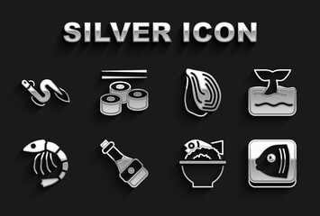 Set Soy sauce bottle, Whale tail in ocean wave, Fish head, Served fish on bowl, Shrimp, Mussel, Eel and Sushi icon. Vector