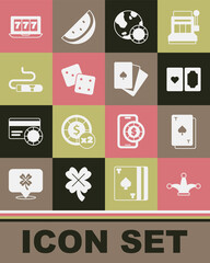 Set Joker playing card, Playing with spades, Deck of cards, Casino chips, Game dice, Cigar, Online slot machine jackpot and icon. Vector