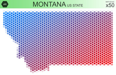 Dotted map of the state of Montana in the USA, from hexagons, on a scale of 50x50 elements. With rough edges from the gradient and a smooth gradient from one color to another.