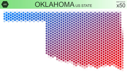 Dotted map of the state of Oklahoma in the USA, from hexagons, on a scale of 50x50 elements. With rough edges from the gradient and a smooth gradient from one color to another.