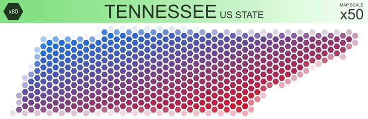 Dotted map of the state of Tennessee in the USA, from hexagons, on a scale of 50x50 elements. With rough edges from the gradient and a smooth gradient from one color to another.