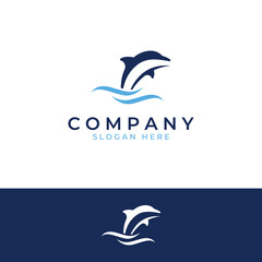 Dolphin logo. Dolphin jumping on the waves of sea or beach. With vector illustration editing.