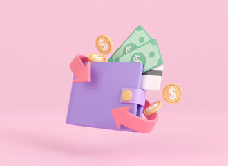 3d wallet money with coin and banknote. save money online banking concept. business refund symbol. cashless society. online shopping payment icon. 3d rendering illustration minimal style.