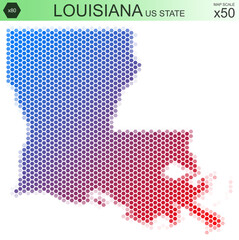 Dotted map of the state of Louisiana in the USA, from hexagons, on a scale of 50x50 elements. With rough edges from the gradient and a smooth gradient from one color to another.