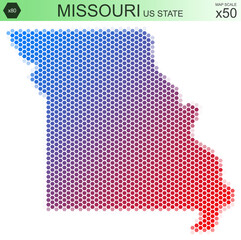 Dotted map of the state of Missouri in the USA, from hexagons, on a scale of 50x50 elements. With rough edges from the gradient and a smooth gradient from one color to another.