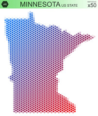 Fototapeta premium Dotted map of the state of Minnesota in the USA, from hexagons, on a scale of 50x50 elements. With rough edges from the gradient and a smooth gradient from one color to another.