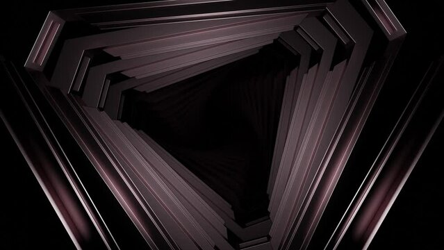 Abstract optical illusion with the flight through triangular shaped monochrome tunnel. Design. Grey scary corridor.