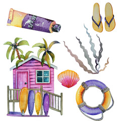 Colored set with lifebuoy, sun cream, sandpipers, seaweed, beach house and decoration design elements, watercolor collection isolated on white background for your marine design, poster for travel