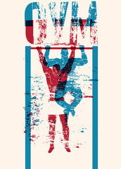 Gym Club typographic vintage grunge poster design with strong man. Silhouette of sportsman doing exercise. Pulling up on the crossbar. Retro vector illustration.