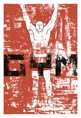 Gym Club typographic vintage grunge poster design with strong man. Silhouette of sportsman doing exercise. Retro vector illustration.