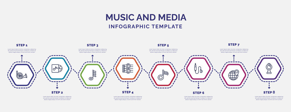 infographic template with icons and 8 options or steps. infographic for music and media concept. included french horn, demisemiquaver, alto clef, flat, jack connector, globe with pointer, webcam