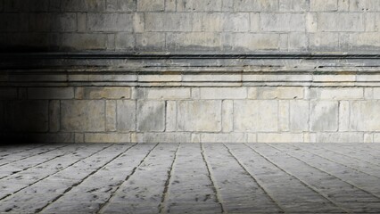 3D illustration of a room. Detail of room with ornaments and gray and concrete tiles. It has a side light projecting. It has space to place objects. Various textures are noticeable.