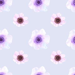 Handdrawn anemone seamless pattern. Watercolor purple and pink flowers on the white background. Scrapbook design, typography poster, label, banner, textile.