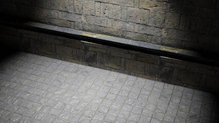 Floor and wall in 3d computer-generated room. Concrete room with ornament on the wall. Light on top of a reflector