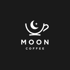 crescent moon coffee logo concept with half moon, star and simple mug cup icon. Night coffee logo design in linear line outline style Vector illustration