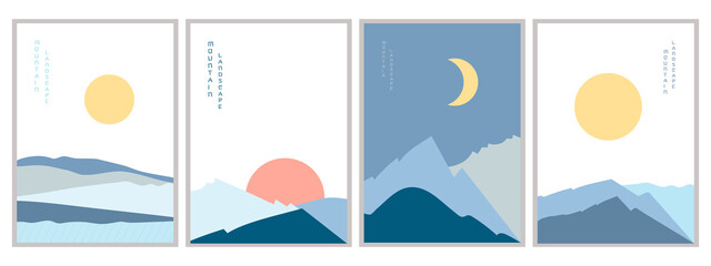 Mountain landscape posters vector illustration set. Geometric landscape background in Asian Japanese style. Abstract symbol for print, poster, postcard, screensaver on the phone, for social media