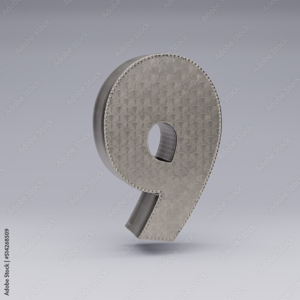 Fototapete textured 3d number 9 with a beautiful rim on a gray background with shadows. 3d illustration. 3d ren