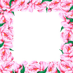 Fototapeta premium Handdrawn Watercolor pink peony flowers frame with green leaves and buds on the white background. Scrapbook design, wedding invitation, label, banner, post card.