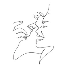 One Line Art Couple, Line Art Men and woman, Minimal Face Vector.  Couple print, Kiss print, Valentines Day Illustration. Love poster. 2 faces. We are one line. 