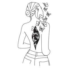 Woman with butterfly. Line art female hands with butterflies. Abstract face with butterfly by one line vector drawing. Portrait minimalistic style. Botanical print. Nature symbol of cosmetics. 