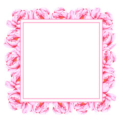 Handdrawn Watercolor pink peony flowers, leaves and buds composition with round frame boarde on the white background. Scrapbook design, wedding card and invitation design, label, banner, post card.