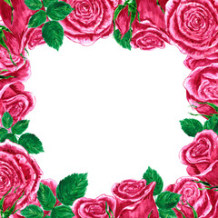 Handdrawn Watercolor roses frame boarder on the white background. Scrapbook design elements. Typography poster, wedding invitation, postcard, label, banner design