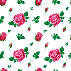 Handdrawn roses seamless pattern. Watercolor pink flowers with green leaves on the white background. Scrapbook design, typography poster, label, banner, textile.