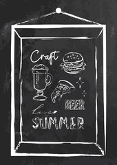 Vector cafe menu cover or poster, decoration for wall or textile kitchen, chalk style elements isolated on blackboard. Chalkboard illustration and letterings. Ready to print. Fastfood