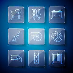 Set line Car rearview mirror, tire wheel, radiator cooling system, battery, Automotive turbocharger, Windscreen wiper, Repair car on lift and brake disk with caliper icon. Vector