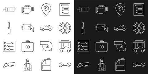 Set line Wrench spanner, Car wash, Alloy wheel, Location with car service, rearview mirror, Screwdriver, muffler and Broken icon. Vector