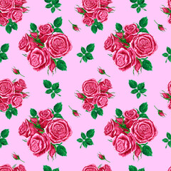 Handdrawn roses seamless pattern. Watercolor pink flowers composition with green leaves on the pink background. Scrapbook design, typography poster, label, banner, textile.