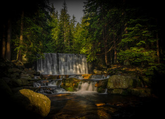 Dziki waterfall in Karpacz town in Krkonose mountains in spring fresh morning - obrazy, fototapety, plakaty