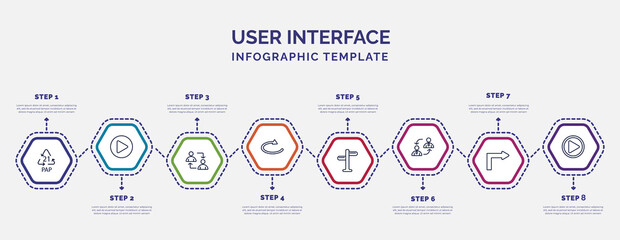 infographic template with icons and 8 options or steps. infographic for user interface concept. included 21 pap, exchange personel, loop arrow, crossroads, job transition, turn right arrow, play - obrazy, fototapety, plakaty