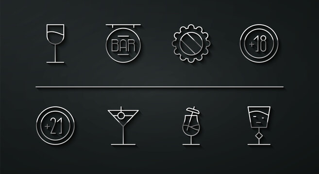 Set line Wine glass, Alcohol 21 plus, 18, Cocktail, Martini, Street signboard with Bar, and Bottle cap icon. Vector