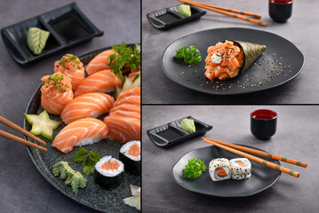 Special sushi collection. Different kinds of sushi on slate background. Three pictures for 1.