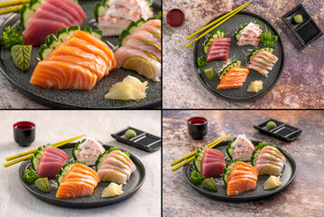 Special sushi collection. Different kinds of sushi on slate background. Four pictures for 1.