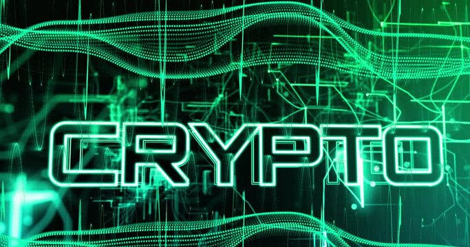 Animation of crypto text over data processing on black background