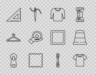 Set line Zipper, T-shirt, Sweater, Leather, Triangular ruler, Sewing button, Yarn and Thimble for sewing icon. Vector
