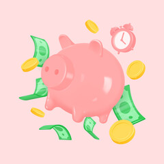 3d alarm clock,piggy bank, gold coins and dollar banknotes in flight. realistic vector illustration. the concept of accumulation, investment, money management, payment for purchases, loans.