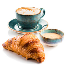 cup of coffee and croissants on white background
