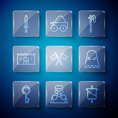 Set line Old key, Medieval knight, flag, axe, Crossed medieval, castle gate, sword and Executioner mask icon. Vector