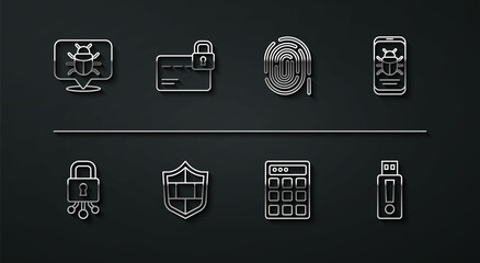 Set line System bug, Cyber security, on mobile, Password protection, Shield with brick wall, Credit card lock, USB flash drive and Fingerprint icon. Vector