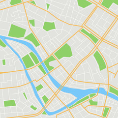Abstract city map. Top view of the city map with street and river. Vector illustration..