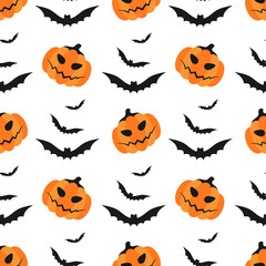 Black bats and orange pumpkins on white background. Halloween seamless pattern. Best for textile, print, wrapping paper, package and festive decoration.
