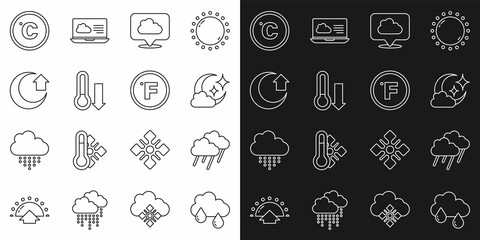 Set line Cloud with rain, moon, Location cloud, Meteorology thermometer, Moon, Celsius and Fahrenheit icon. Vector