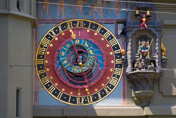 Close-up of clock face of clock tower named Zytglogge at the old town of Bern on a sunny summer day. Photo taken June 16th, 2022, Bern, Switzerland.