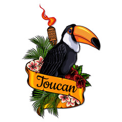 toucan with ribbon vector illustration